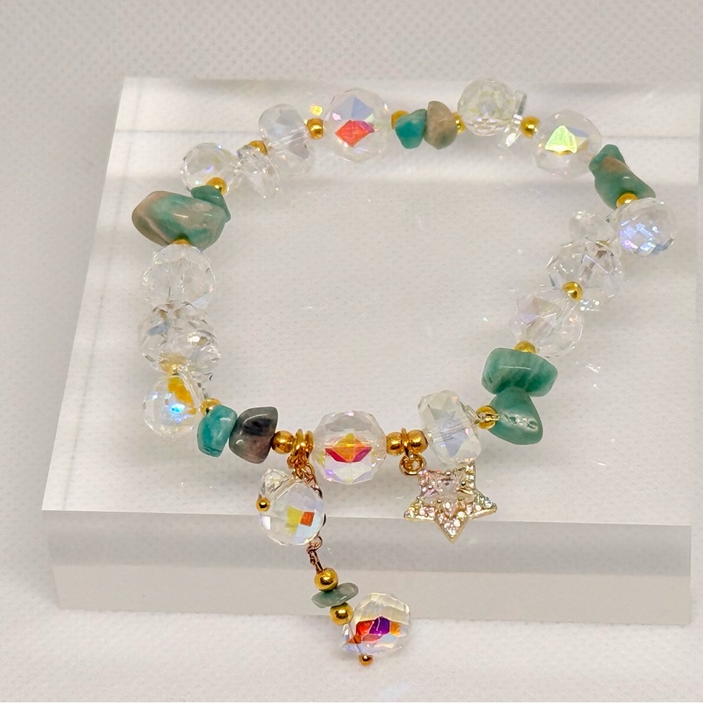 Silver and Green Beaded Bracelet with Crystal Accents